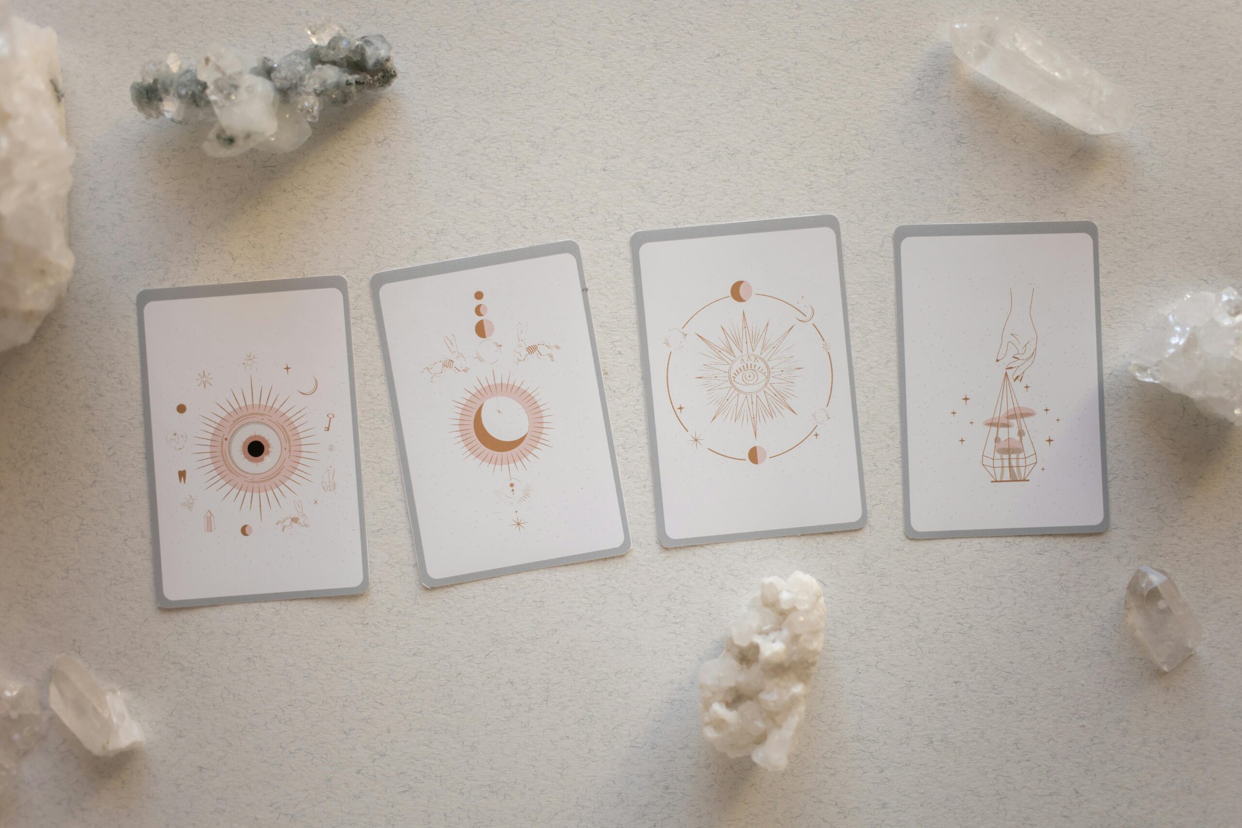 Top view of tarot cards and crystals, perfect for spiritual and mystical themes.